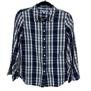 Draper James Bell Sleeve Navy Plaid Button Down Top Womens 6